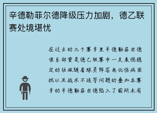 辛德勒菲尔德降级压力加剧，德乙联赛处境堪忧